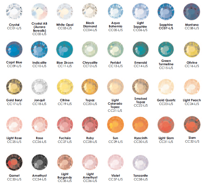 Crystal Rhinestones Colour Chart